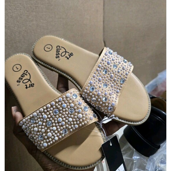 Art Class Heather Girl's Embellished Rhinestone Slide Classy Sandals Tan - Picture 3 of 4